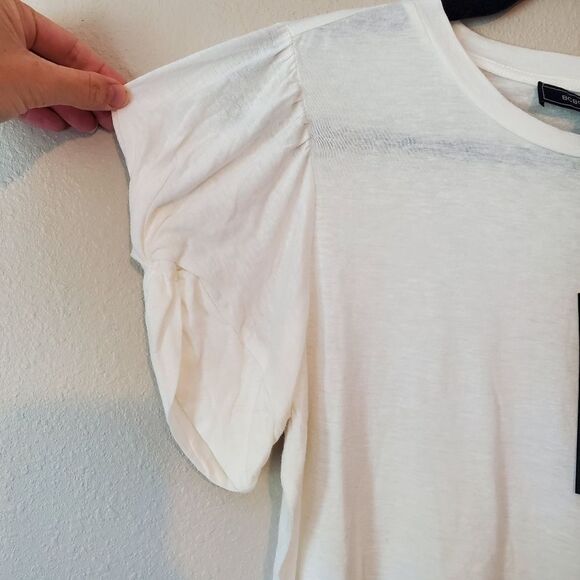 BCBGMAXAZRIA Linen-Blend Twisted Puff Sleeve White Tee - Picture 8 of 10